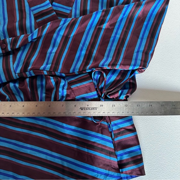 I.N.C Wrap Blouse Long Sleeves Maroon & Blue Stripes Woman’s Small Satin Blouse - Picture 8 of 8